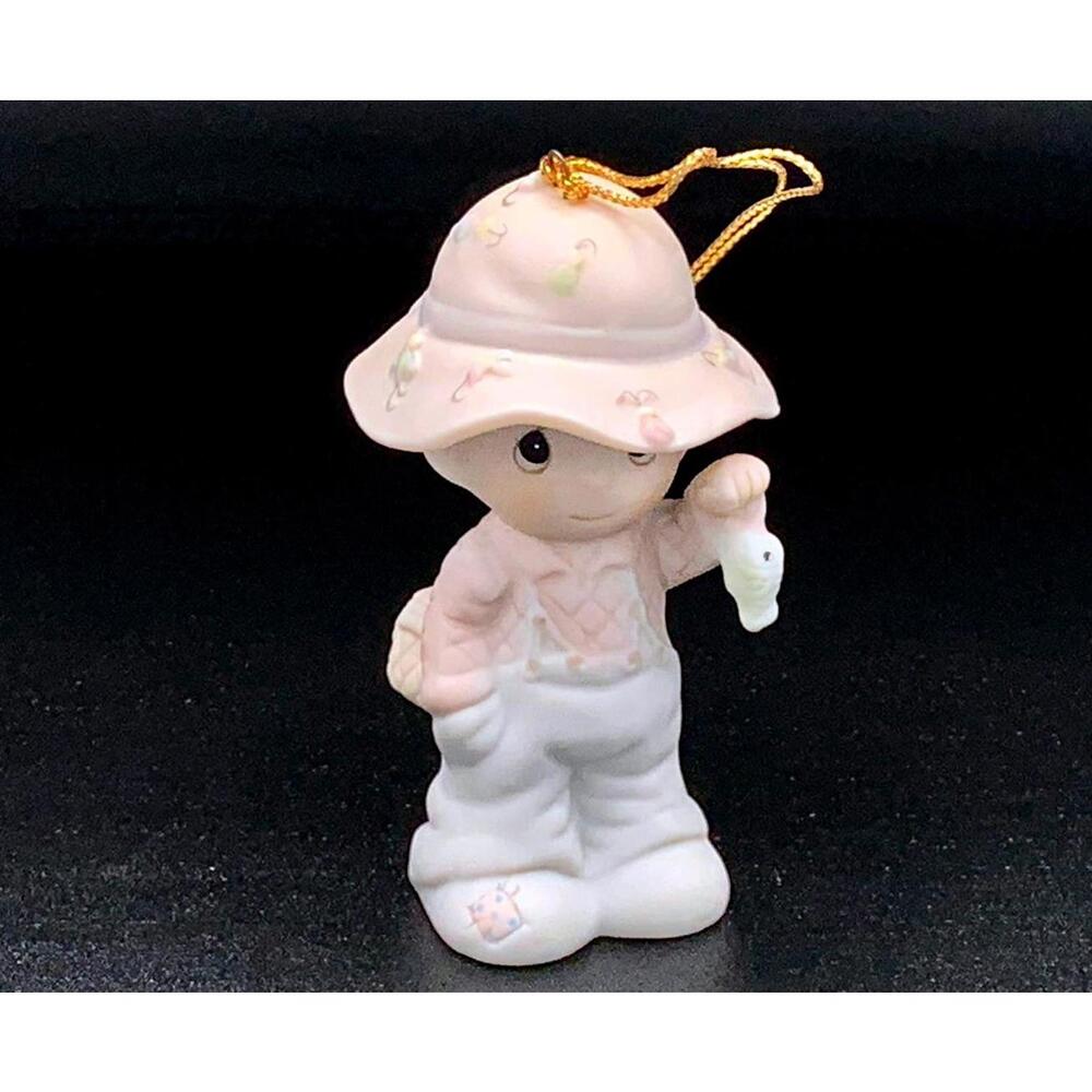 Precious Moments Vintage Boy Figurine with Hat & Fish Christmas Gift Collectible